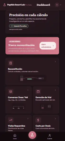 Dashboard general de Peptide Smart Calculator Pro